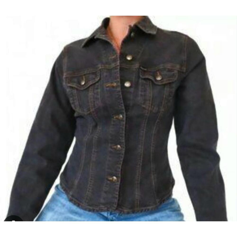 Faconnable Jacket Womens XL Black Denim Trucker Fitted Streetwear Cute Pockets